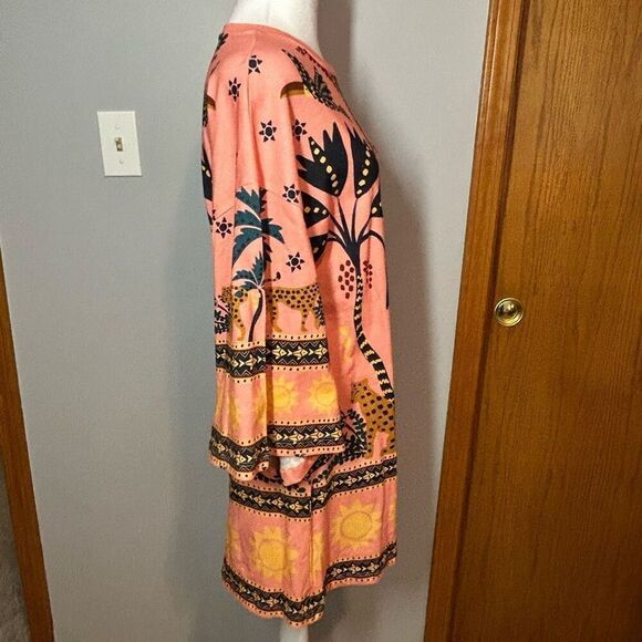 Farm Rio Anthropologie Printed Shift Mini Dress bell sleeves oversized pink comb - Picture 7 of 15